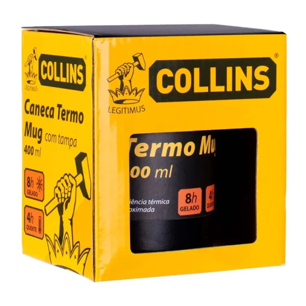 Caneca Termo 400 ML com Tampa de Aço Inox Collins - Prata e Preto - Imagem 4
