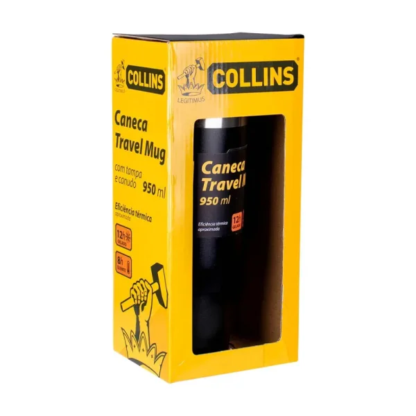Caneca Travel 950Ml com Tampa de Aço Inox Collins - Prata e Preto - Imagem 2