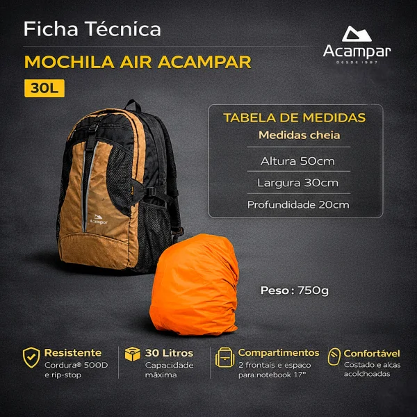 Mochila Air 30L Preta Outdoor com Capa de Chuva Acampar - Imagem 5
